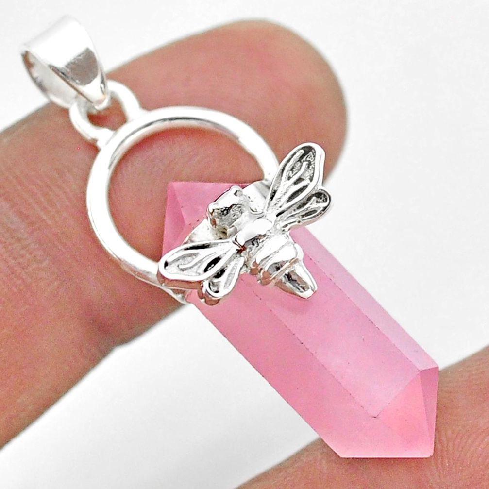 13.67cts double pointer natural pink rose quartz silver honey bee pendant t44450