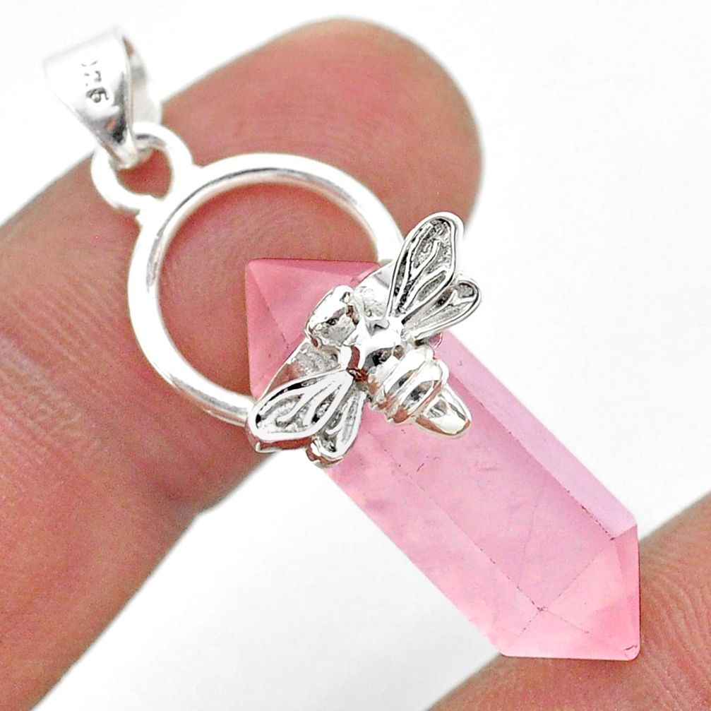 13.67cts double pointer natural rose quartz 925 silver honey bee pendant t44452