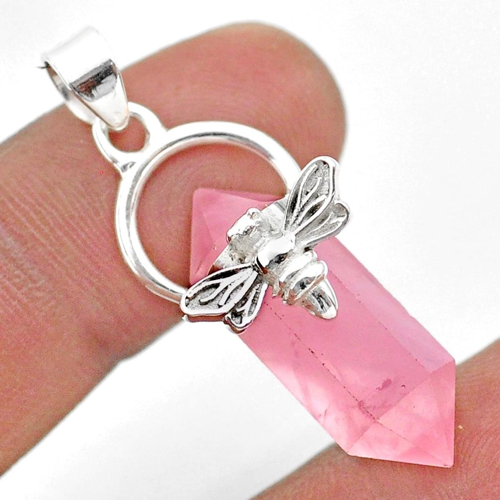 13.70cts double pointer natural rose quartz 925 silver honey bee pendant t44476