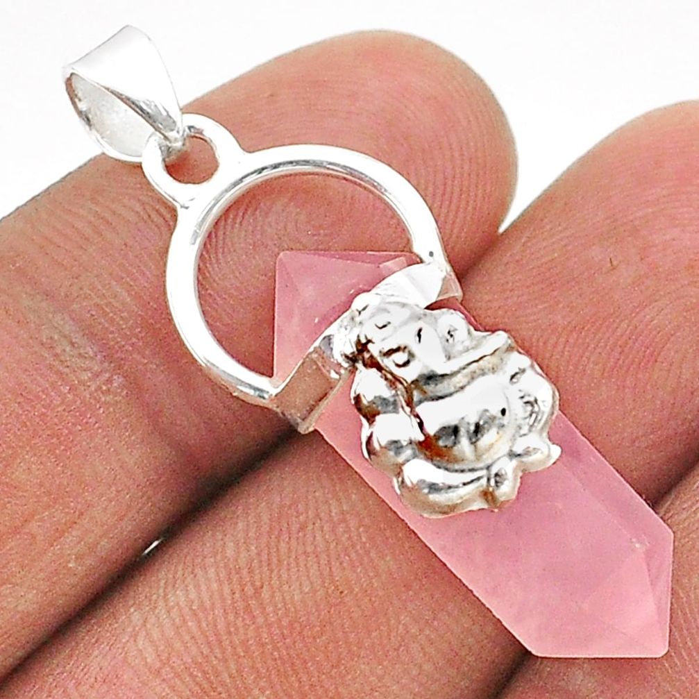 10.58cts double pointer rose quartz 925 silver lord ganesha pendant t66926