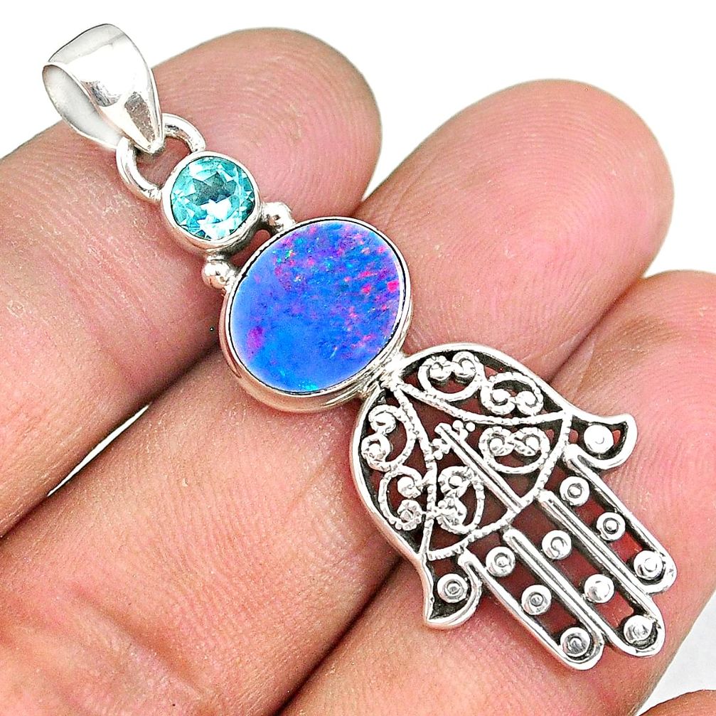 4.34cts doublet opal australian 925 silver hand of god hamsa pendant r90373