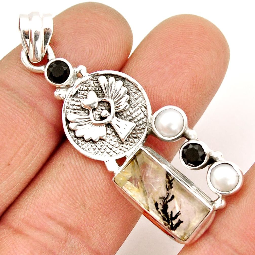 9.79cts eagle scenic russian dendritic agate onyx pearl silver pendant y2699