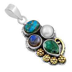 6.19cts emerald labradorite pearl copper turquoise silver gold pendant n25570