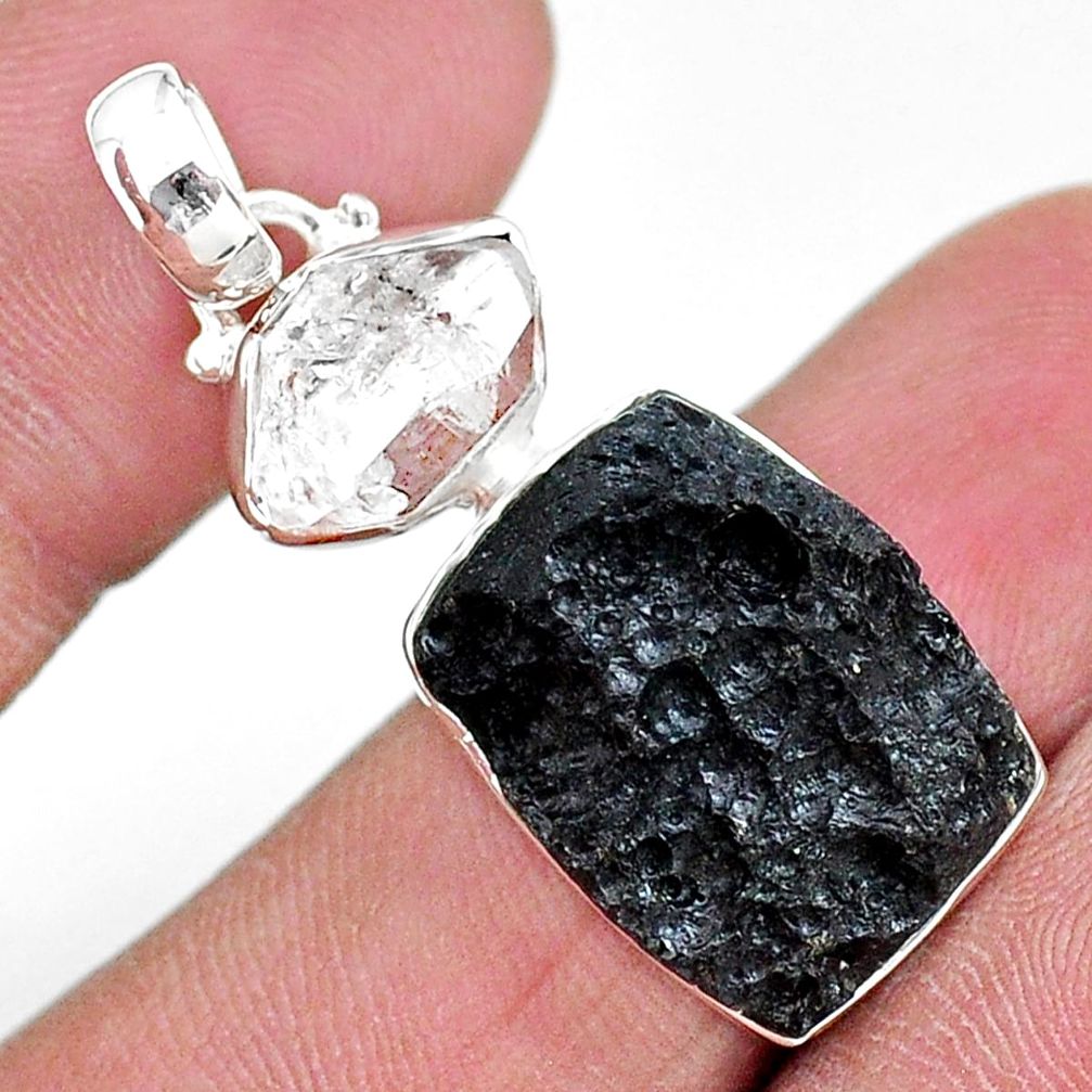 Extraterrestrial stone tektite herkimer diamond 925 silver pendant t14335