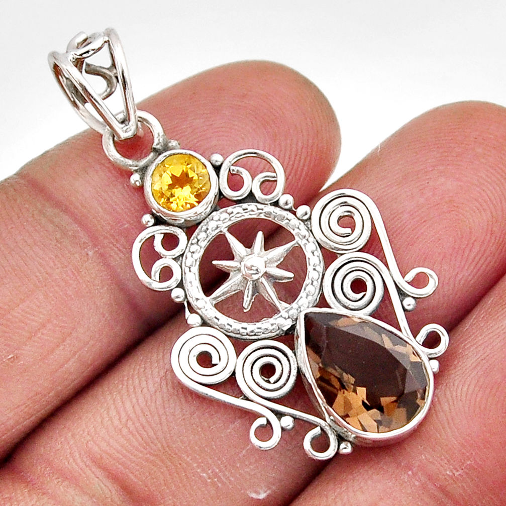 4.58cts faceted brown smoky topaz citrine 925 silver dharma wheel pendant y61372