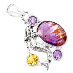 Clearance Sale- 13.09cts faceted cacoxenite super seven 925 silver fairy mermaid pendant p77975