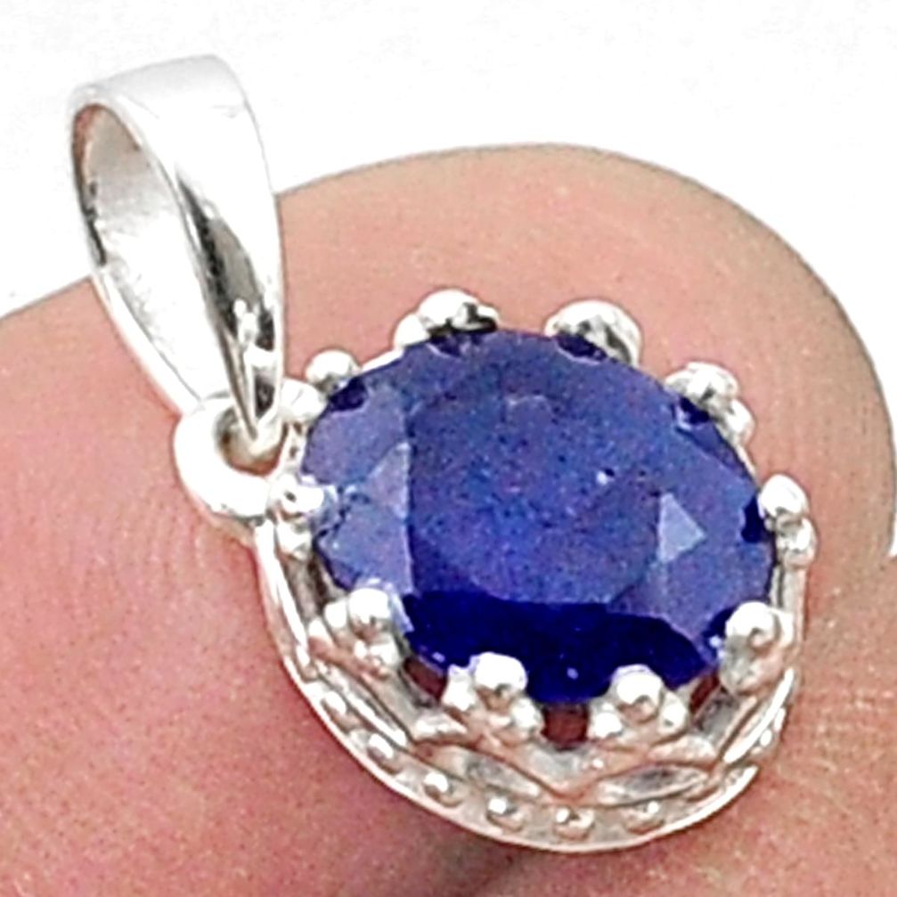 3.34cts faceted crown natural blue sapphire 925 sterling silver pendant u35962