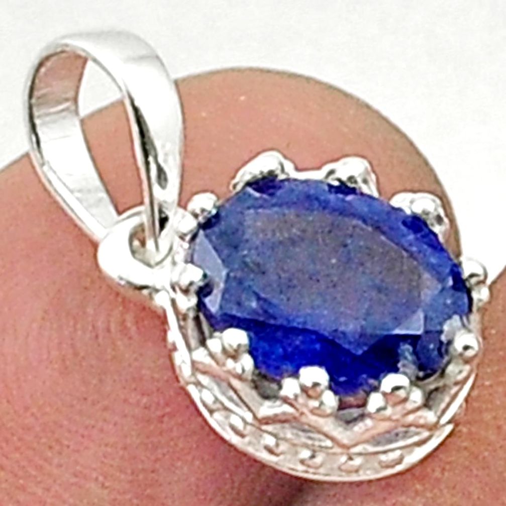 3.20cts faceted crown natural blue sapphire 925 sterling silver pendant u35967