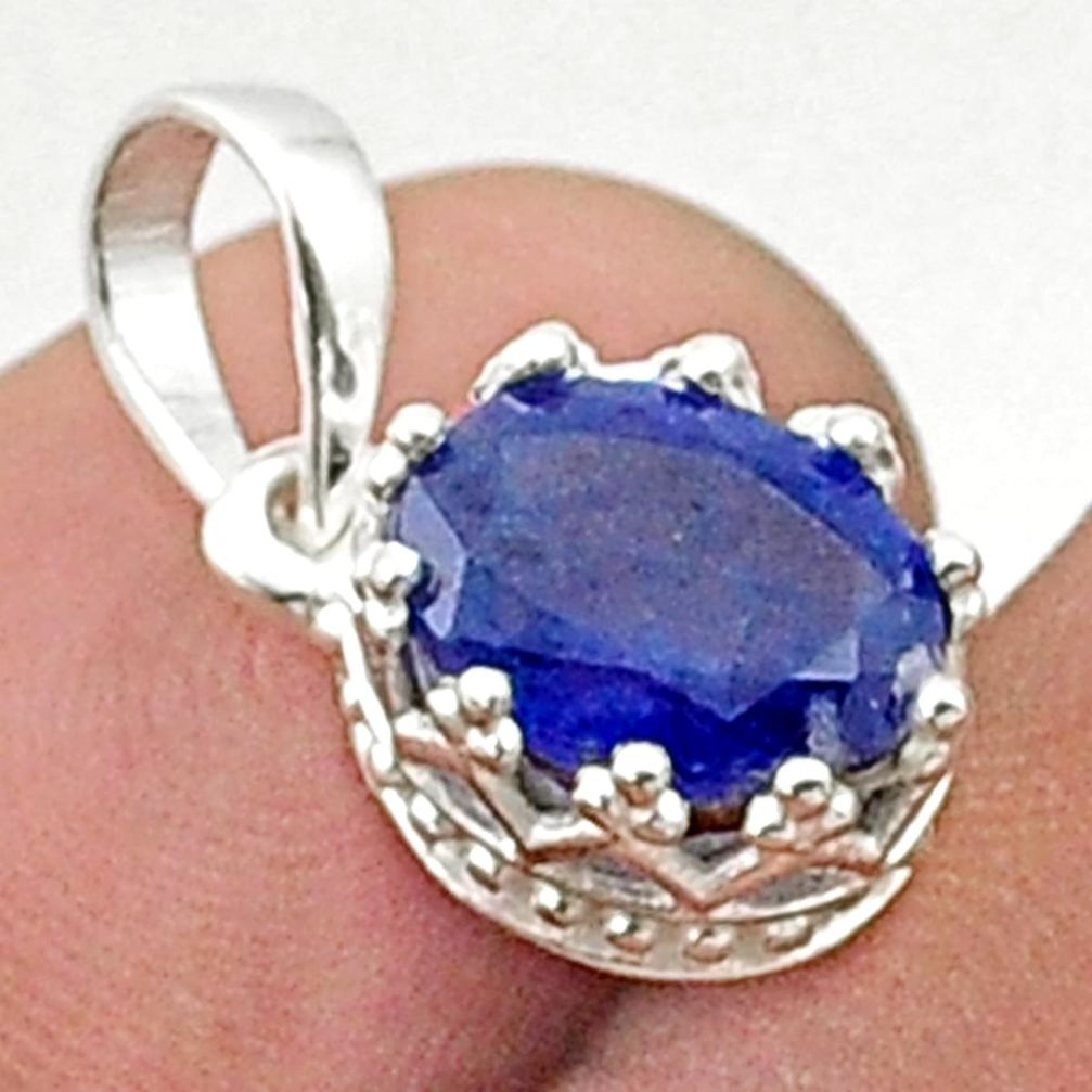 3.28cts faceted crown natural blue sapphire 925 sterling silver pendant u35975