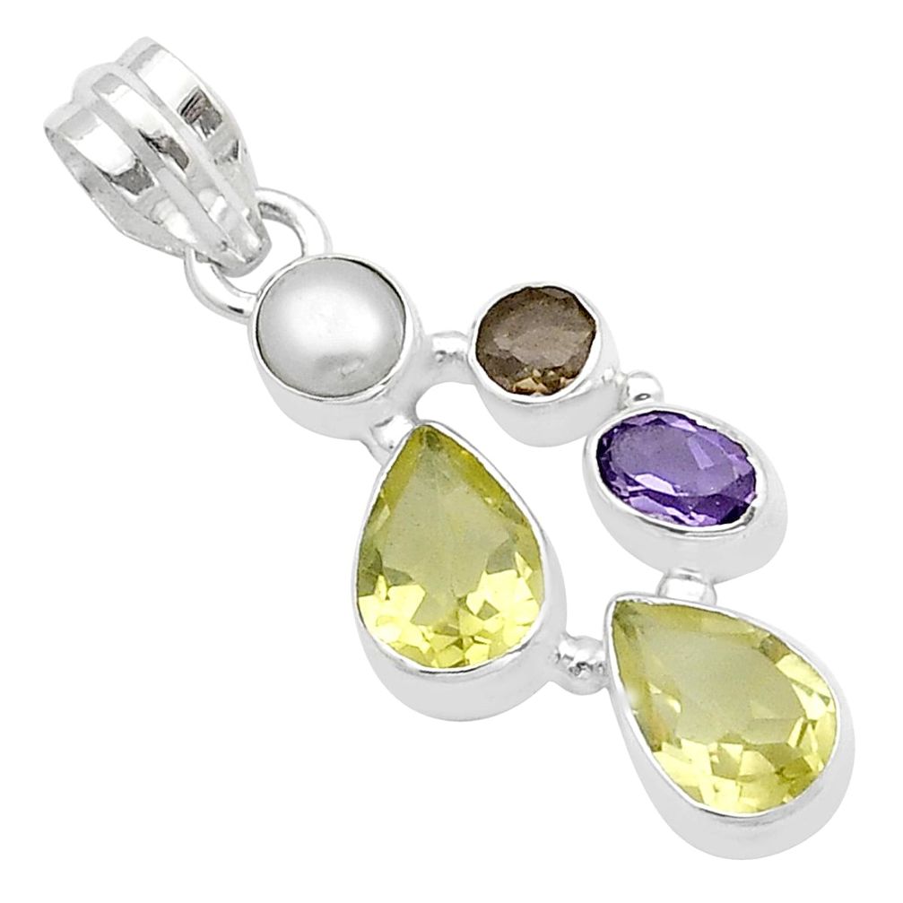 7.36cts faceted lemon topaz smoky topaz pearl amethyst 925 silver pendant u54821