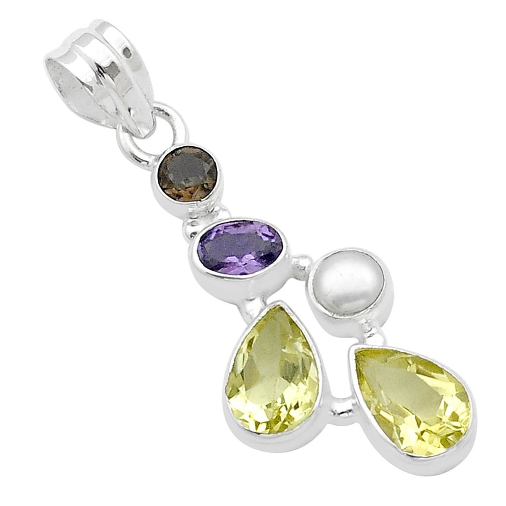 7.01cts faceted lemon topaz smoky topaz pearl amethyst 925 silver pendant u54836