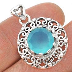 4.69cts faceted natural aqua chalcedony round 925 sterling silver pendant u70857