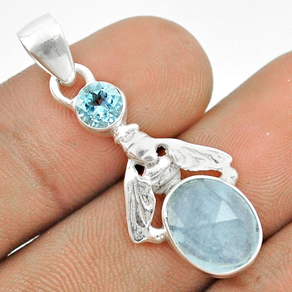4.62cts faceted sea life natural blue aquamarine topaz 925 sterling silver pendant u20784