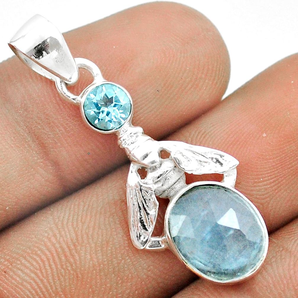 4.59cts faceted sea life natural blue aquamarine topaz 925 sterling silver pendant u20785