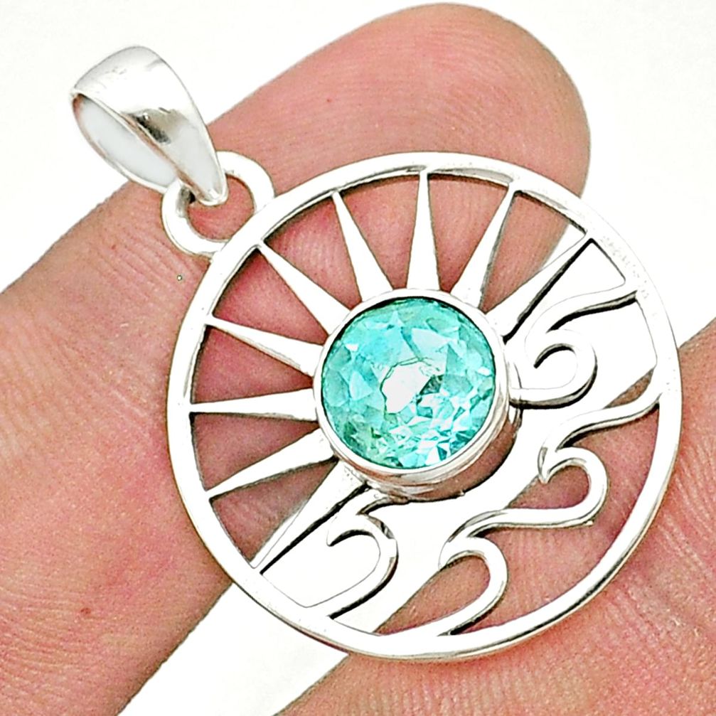 3.21cts faceted natural blue topaz 925 silver sun and wave charm pendant u37144