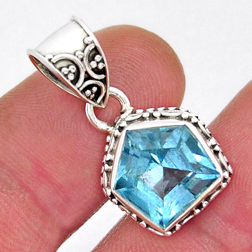 5.34cts faceted natural blue topaz hexagon 925 sterling silver pendant y18894