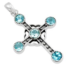 4.54cts faceted natural blue topaz round 925 silver holy cross pendant y37628