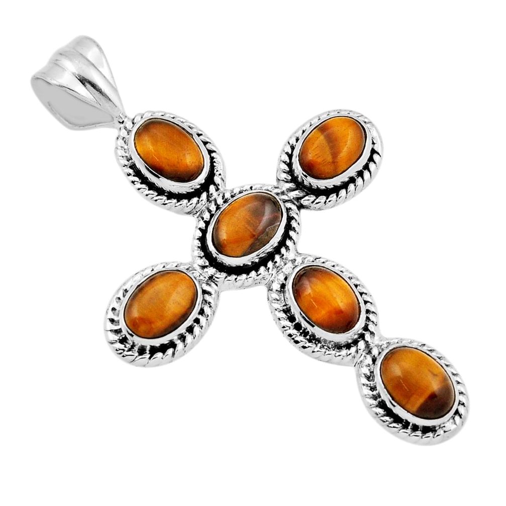 9.23cts faceted natural brown tiger's eye 925 silver holy cross pendant n44948