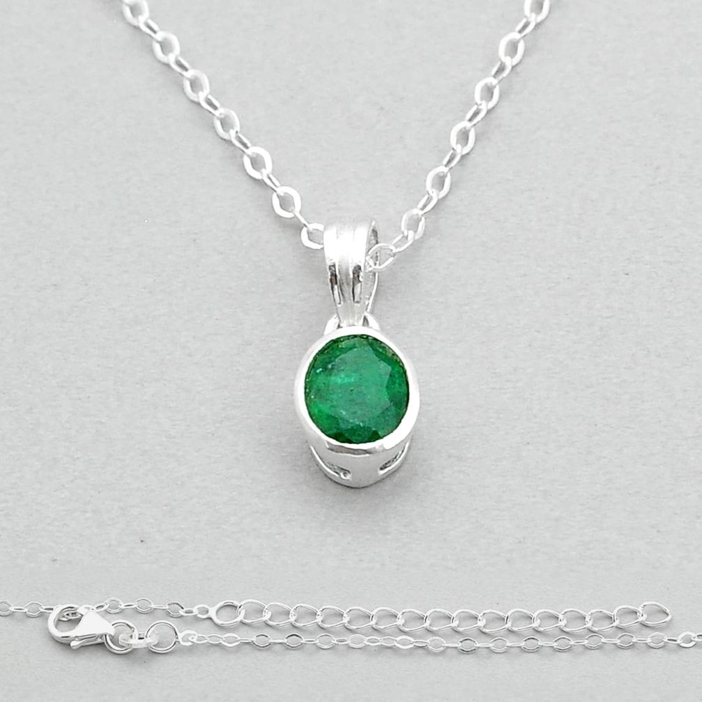 1.98cts faceted natural green emerald oval 925 silver 18' chain pendant u76415