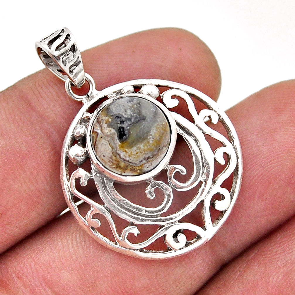 4.84cts faceted natural mexican laguna lace agate round silver pendant n46592