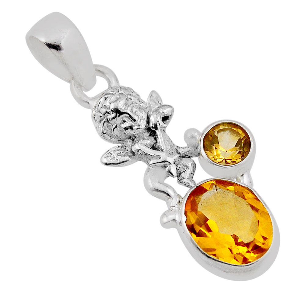 4.64cts faceted natural yellow citrine silver angel wings fairy pendant n38050