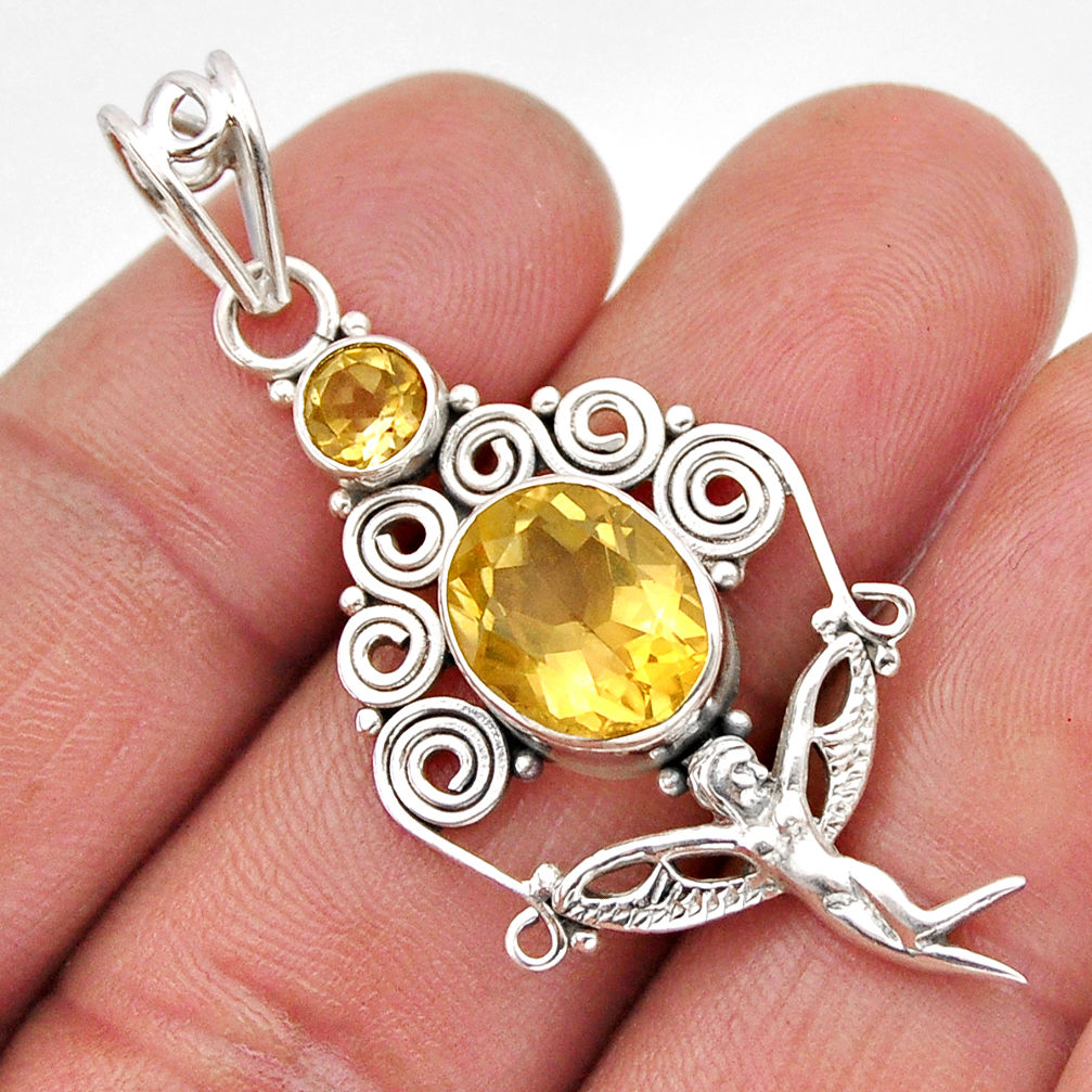 5.69cts faceted natural yellow citrine silver angel wings fairy pendant y61383