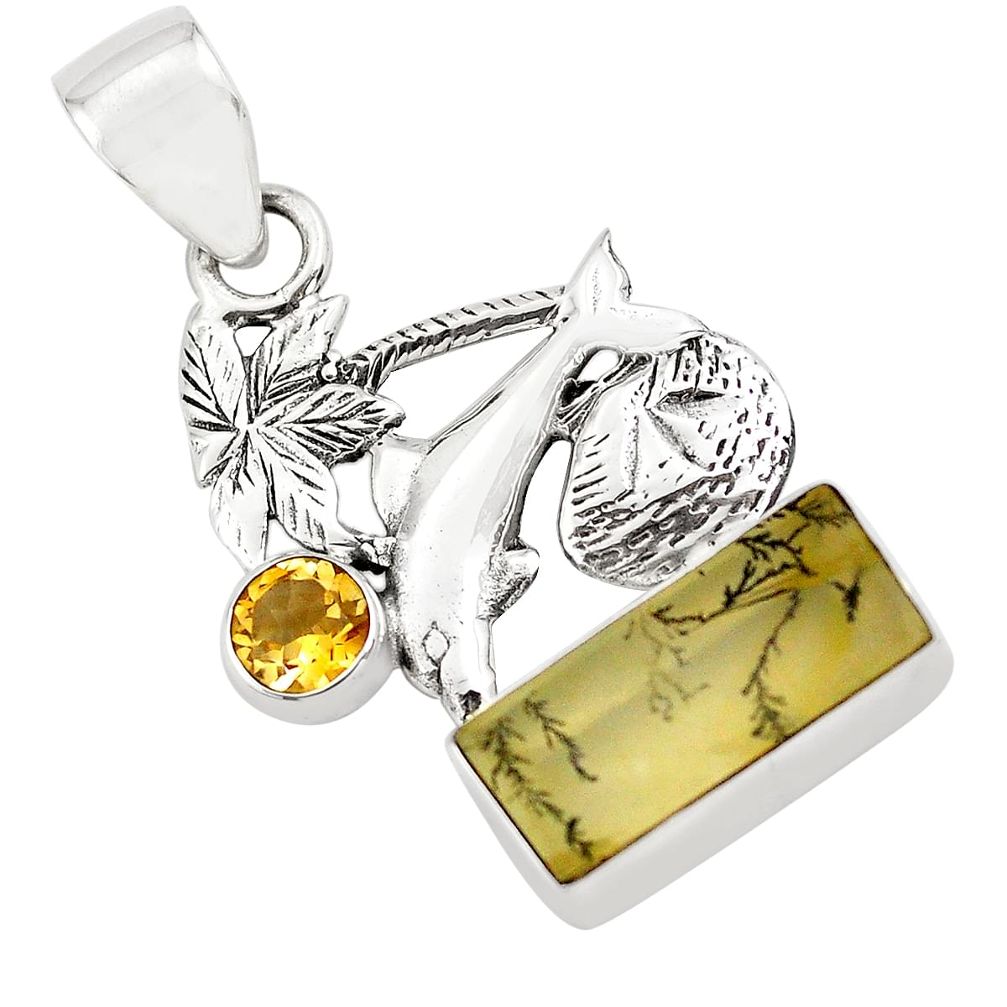 yellow dendritic quartz 925 silver dolphin pendant p79565