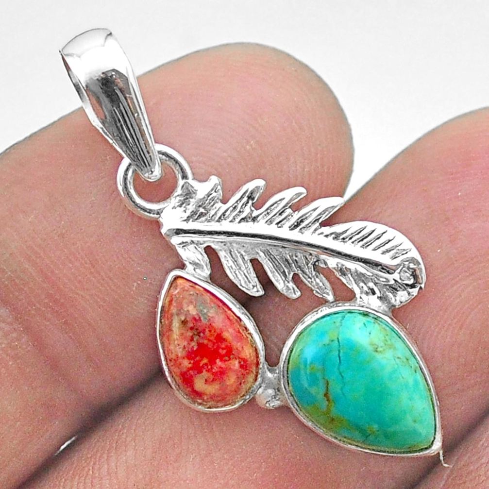 5.22cts feather green arizona mohave turquoise coral 925 silver pendant t51299