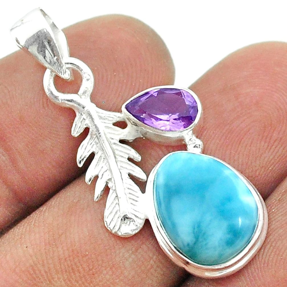8.41cts feather natural blue larimar amethyst 925 sterling silver pendant t56592