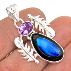 8.66cts feather natural doublet opal in onyx amethyst 925 silver pendant u86790