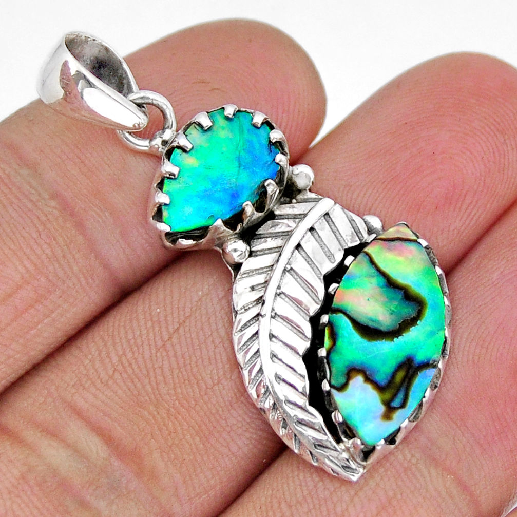 7.94cts feather natural green abalone paua seashell 925 silver pendant y8572