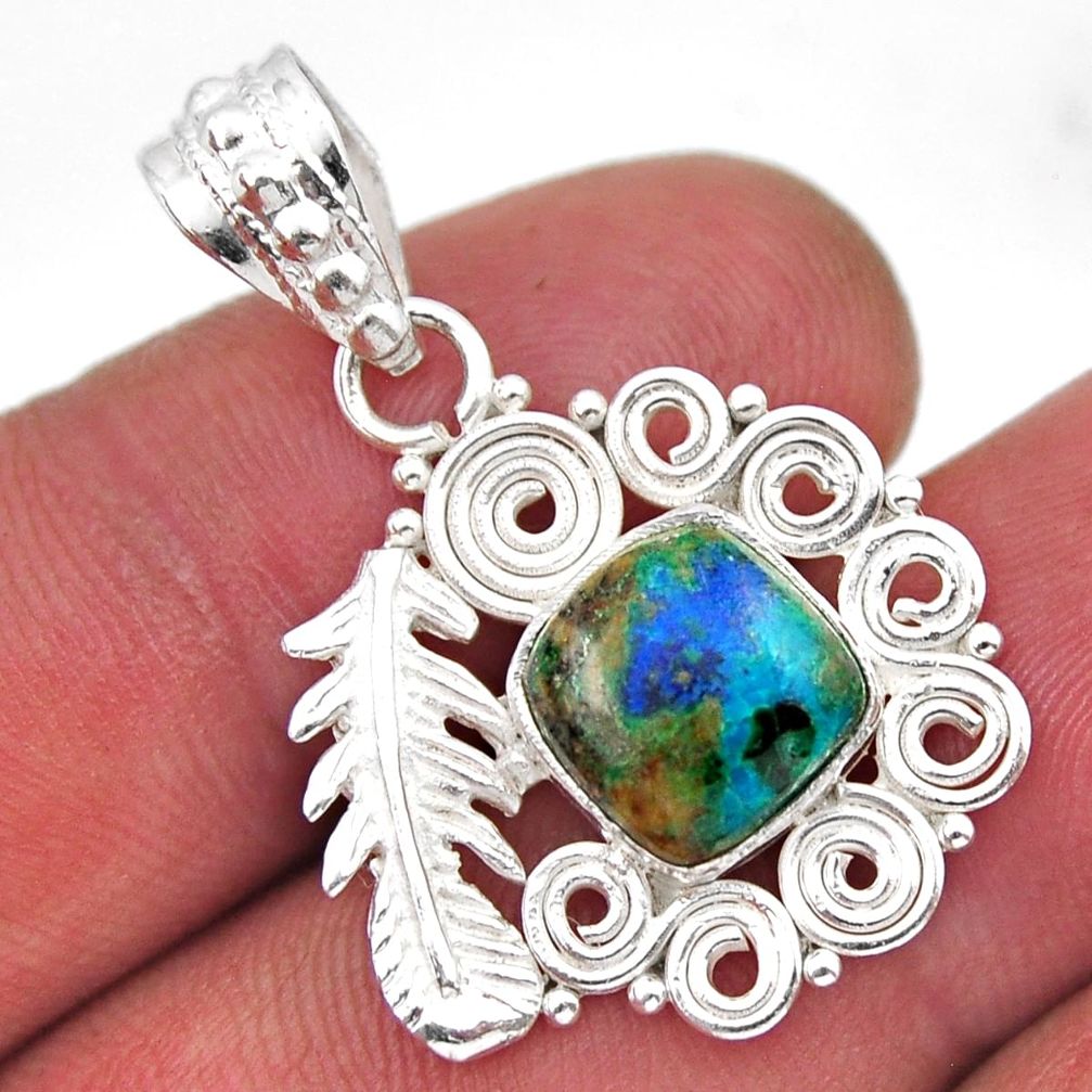 4.93cts feather natural green malachite in azurite 925 silver pendant y43980