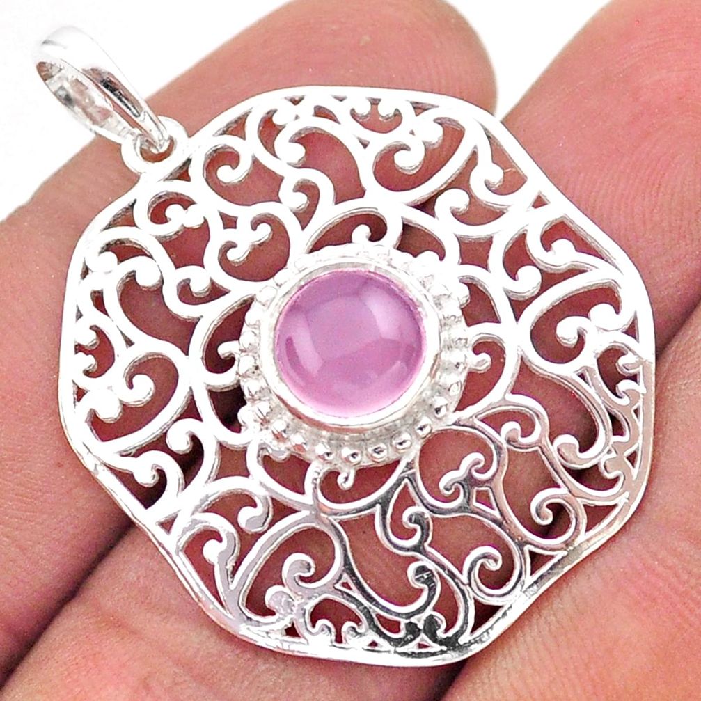 3.41cts filigree natural pink rose quartz 925 sterling silver pendant t59868