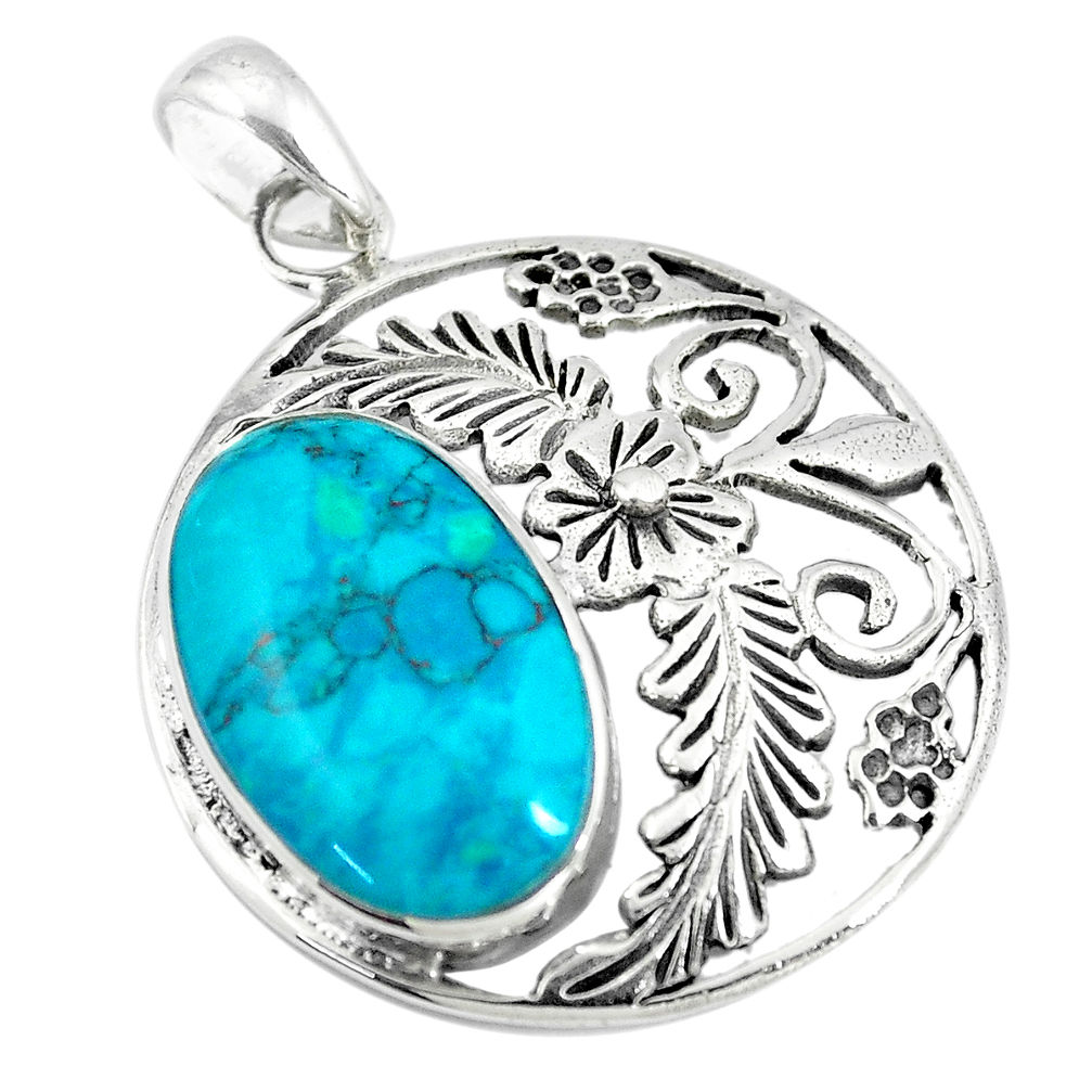 LAB 6.82cts fine blue turquoise 925 sterling silver flower pendant a88367 c13699