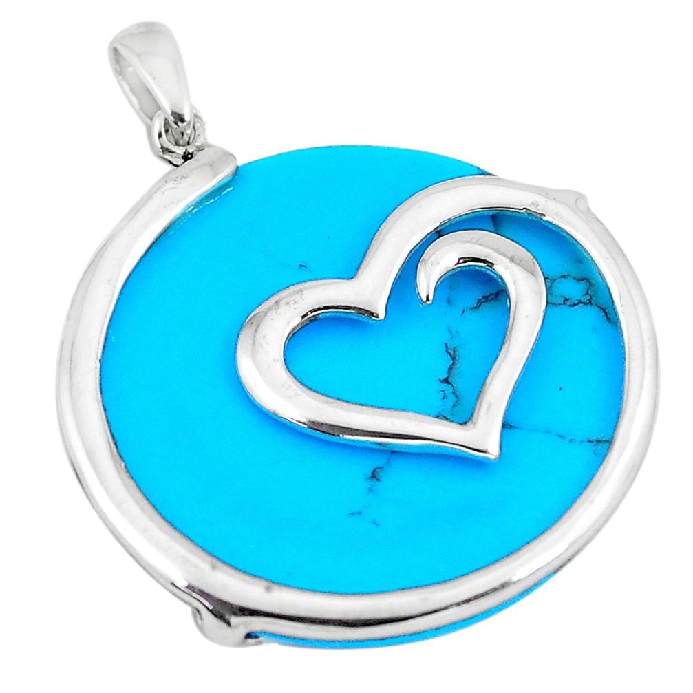 13.69cts fine blue turquoise 925 sterling silver heart pendant a88669 c14583