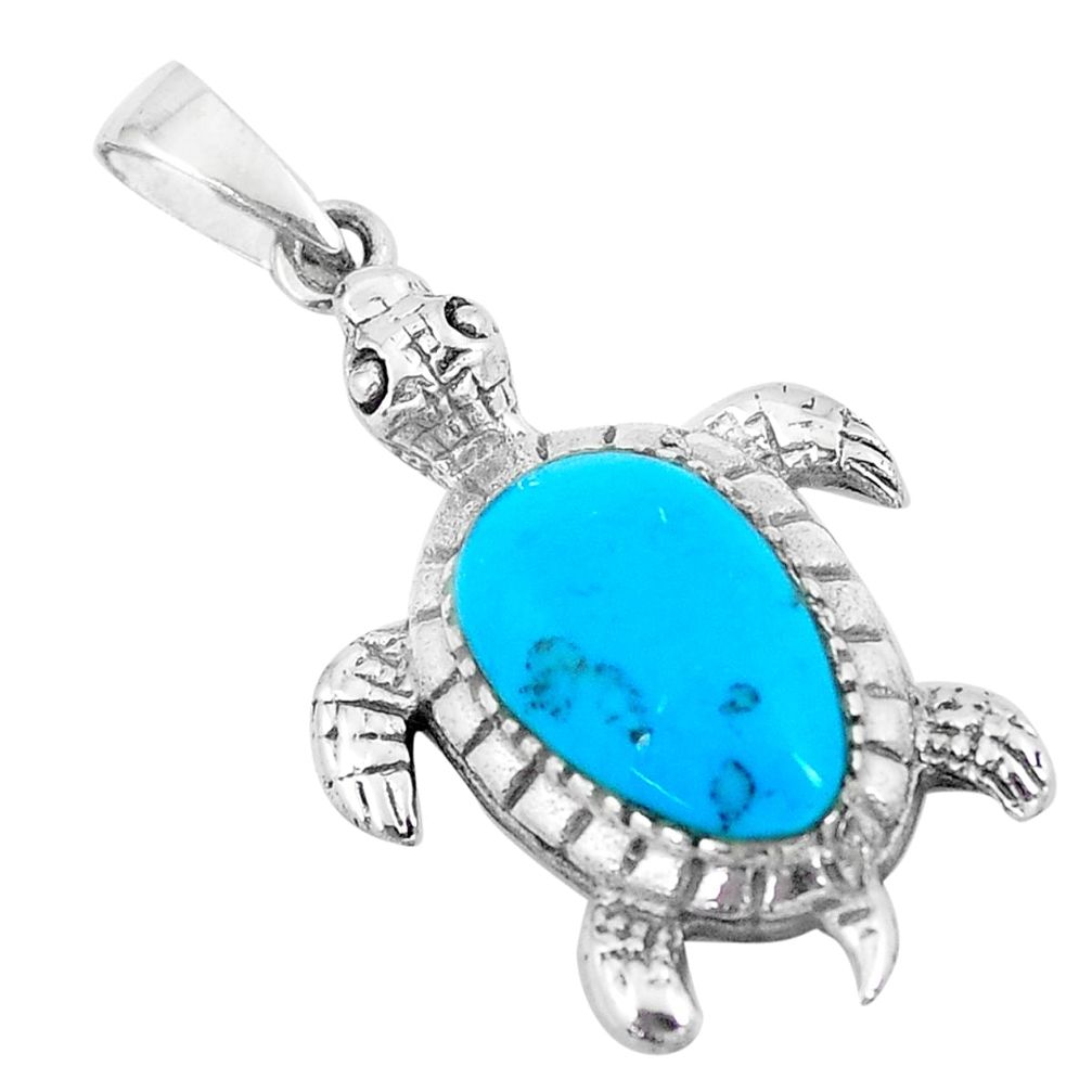 3.22cts fine blue turquoise 925 sterling silver turtle pendant a88499 c14783