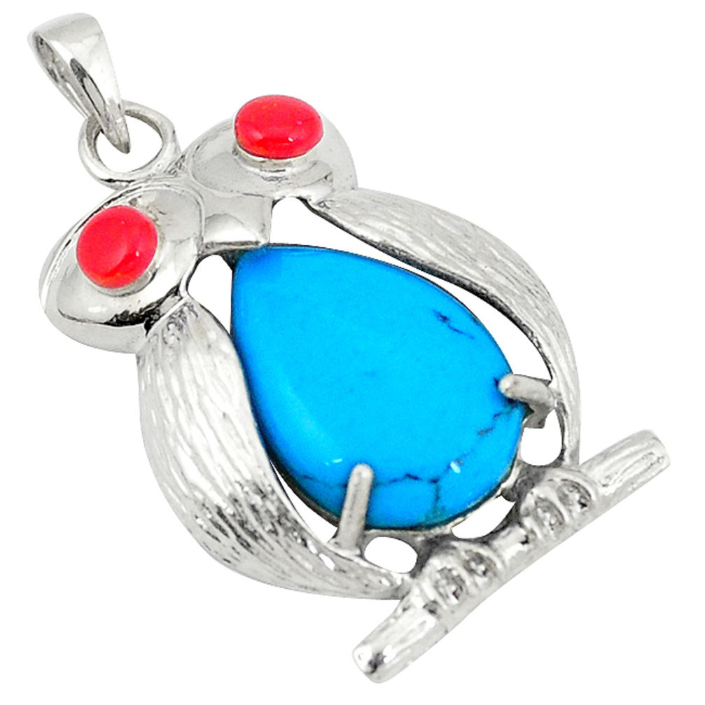 Fine blue turquoise coral 925 sterling silver owl pendant jewelry c12547