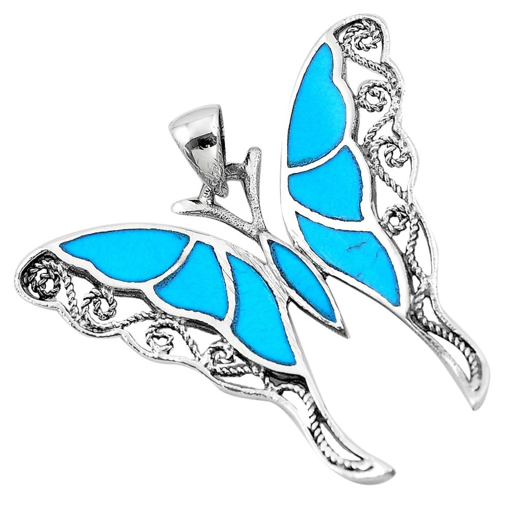 7.26gms fine blue turquoise enamel 925 silver butterfly pendant a91844 c14919