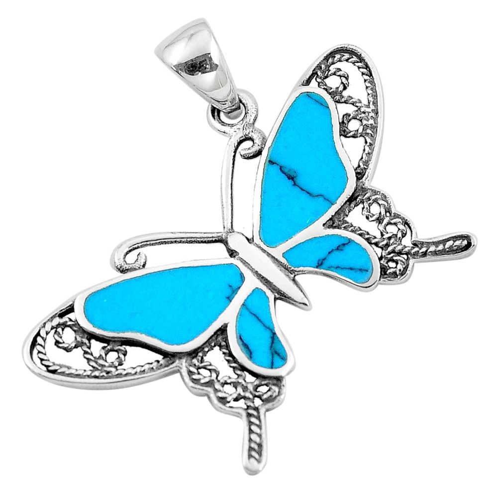 5.25gms fine blue turquoise enamel 925 silver butterfly pendant a91855 c14924