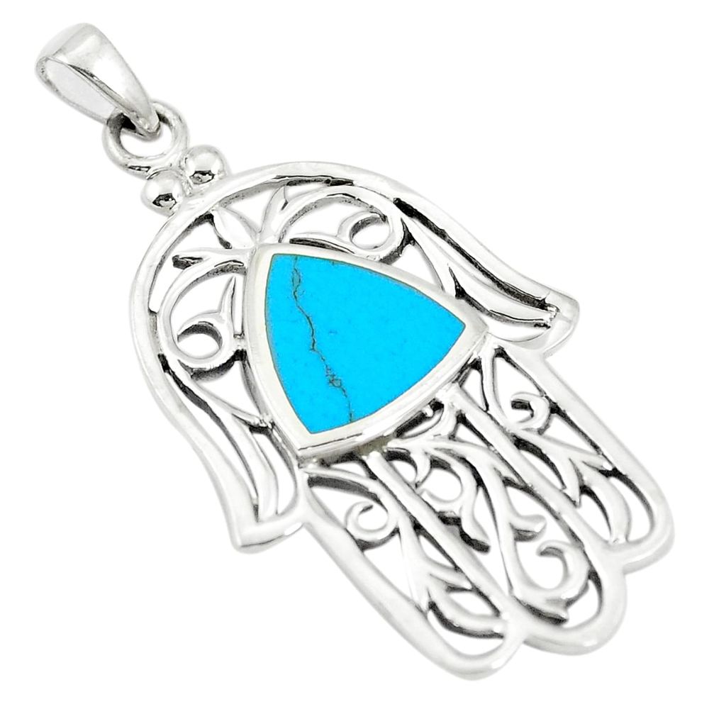 Fine blue turquoise enamel 925 silver hand of god hamsa pendant a79786 c13825