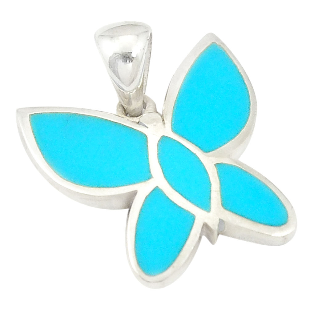 LAB Fine blue turquoise enamel 925 sterling silver butterfly pendant a77568 c14837