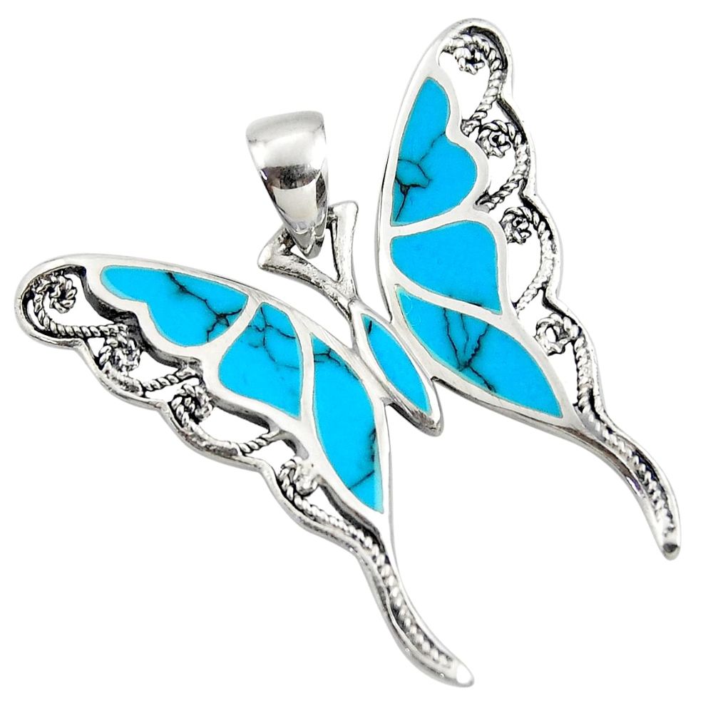 4.81gms fine blue turquoise enamel 925 sterling silver butterfly pendant c26346
