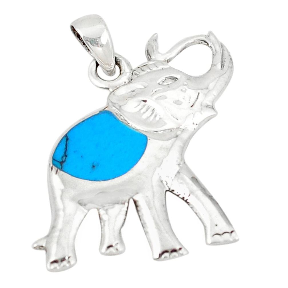 Fine blue turquoise enamel 925 sterling silver elephant pendant c12475