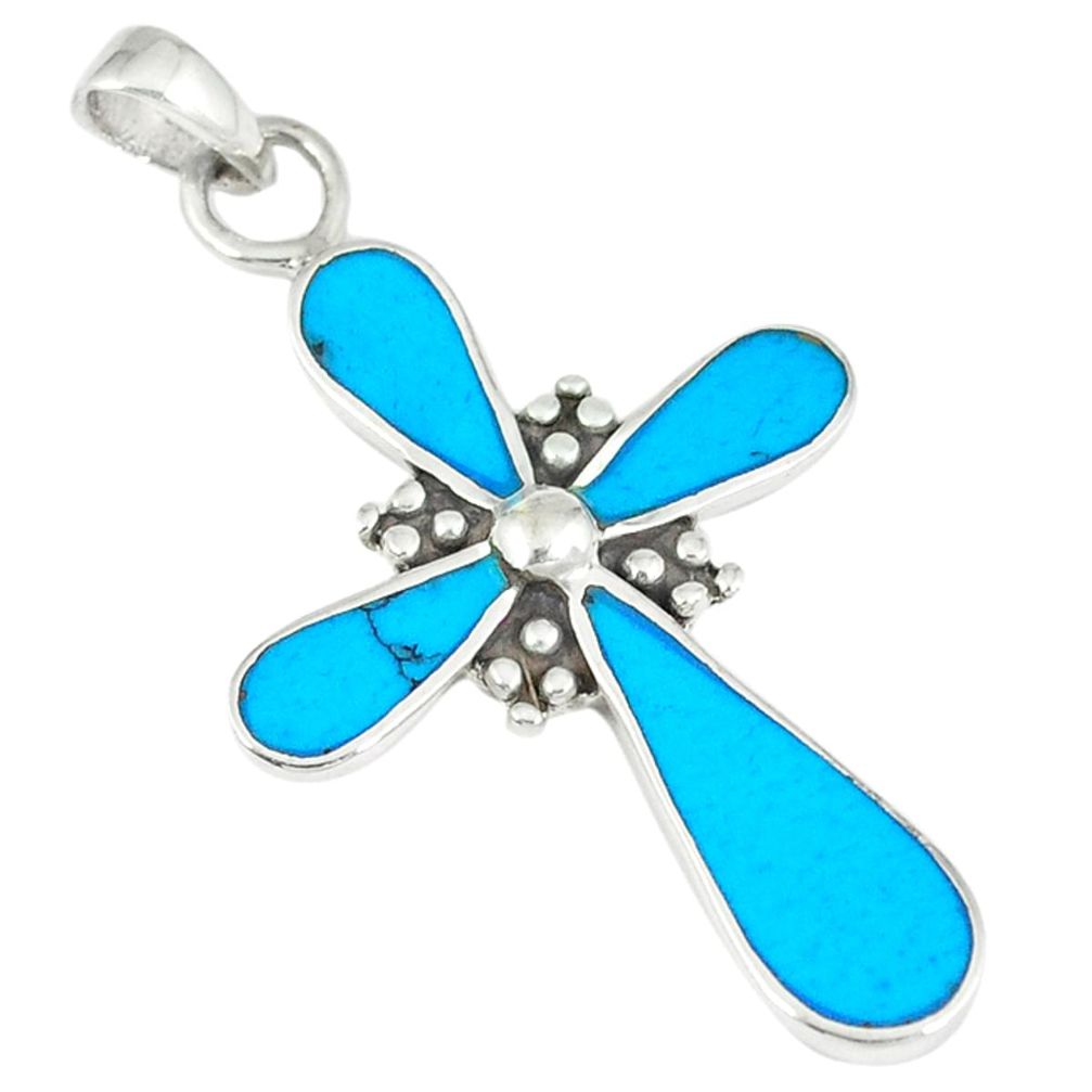 4.02gms fine blue turquoise enamel 925 sterling silver holy cross pendant c12554