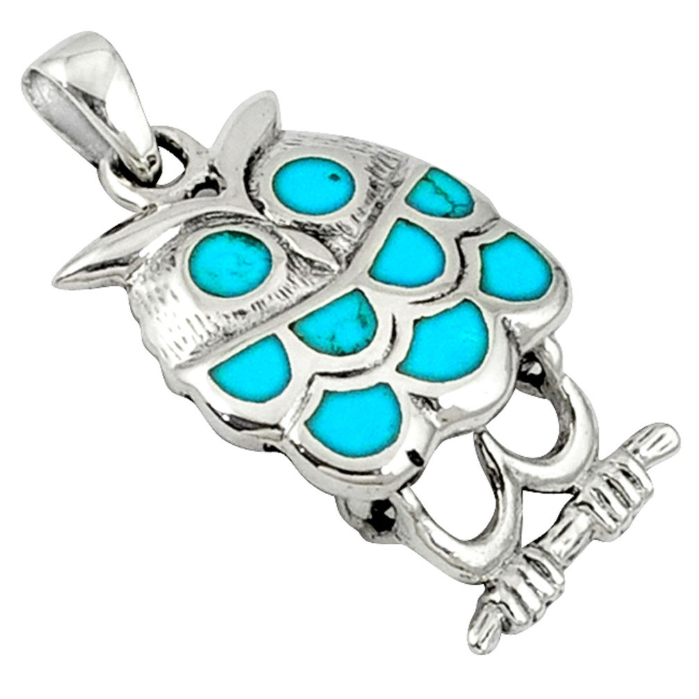 LAB Fine blue turquoise enamel 925 sterling silver owl pendant jewelry c12569