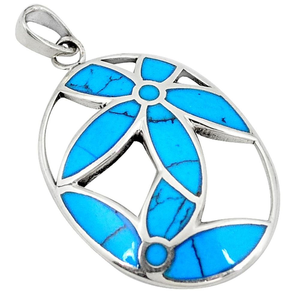 Fine blue turquoise enamel 925 sterling silver pendant jewelry c12555