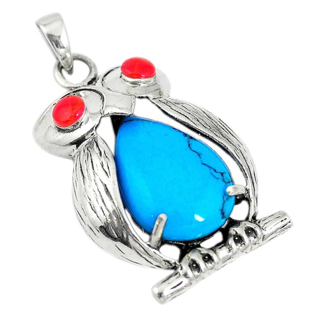 Fine blue turquoise red coral 925 sterling silver owl pendant jewelry c20826