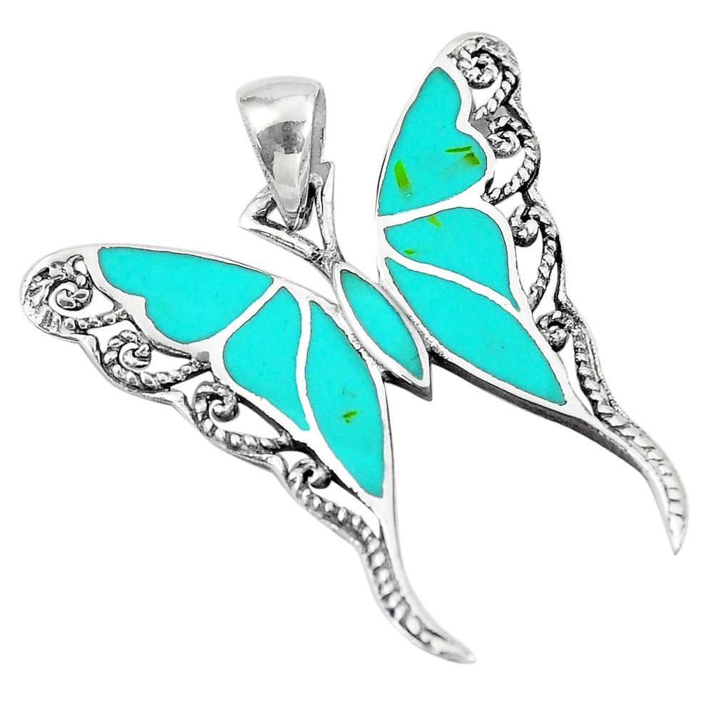 4.47gms fine green turquoise enamel 925 silver butterfly pendant a88589 c14901