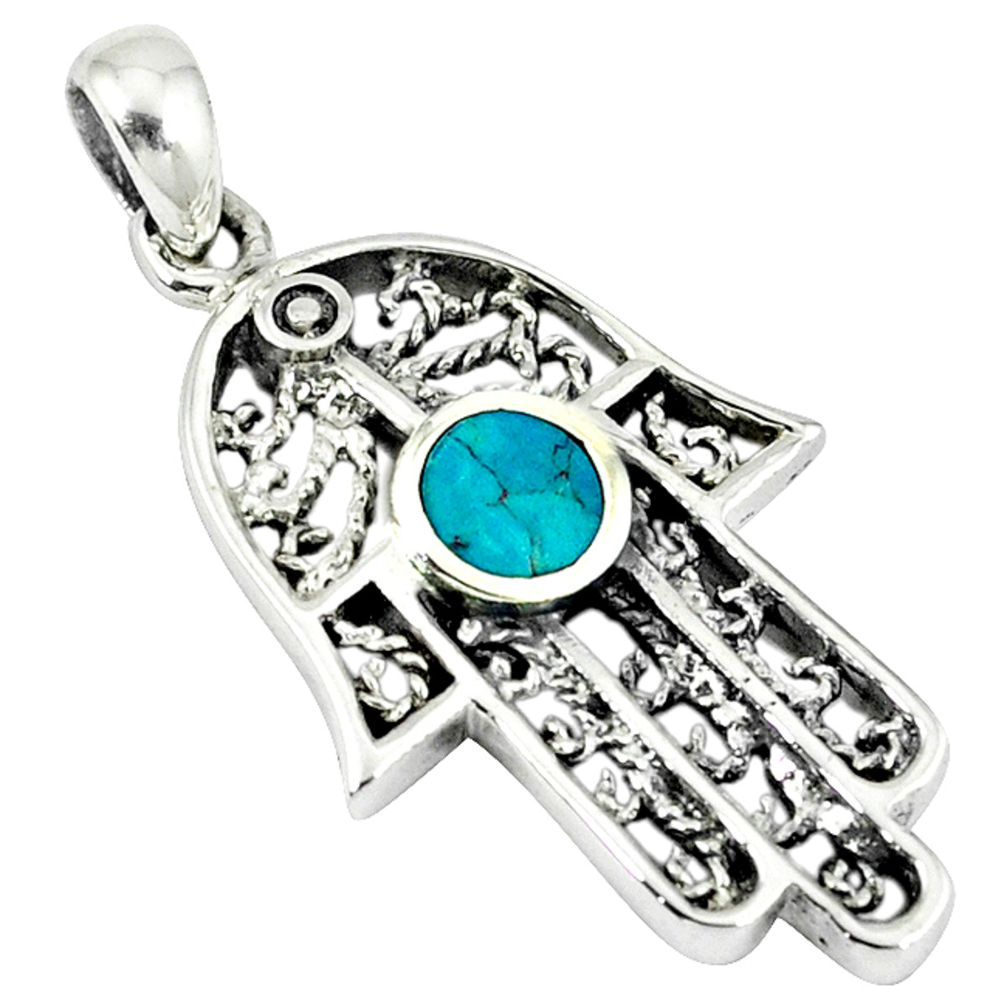 LAB Fine green turquoise enamel 925 silver hand of god hamsa pendant c10978