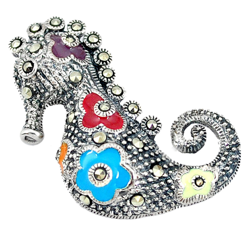 Fine marcasite enamel 925 sterling silver seahorse pendant jewelry c21053